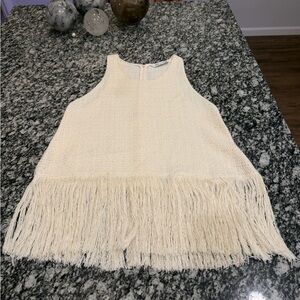Zara Cream Textured Sleeveless Blouse with Fringe Detail Bohemian Chic Boho